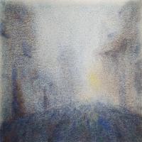 A loose watercolour of an blue alleyway with a yellow glow in the distance