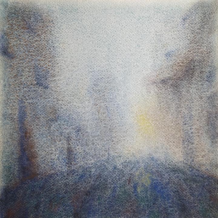 A loose watercolour of an blue alleyway with a yellow glow in the distance