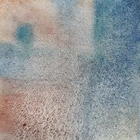 A loose watercolour of blue tree in the upper left corner, and a blue space down the right hand side, against a background of orange-brown very granulating watercolour.
