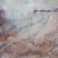 An abstract painting of a field in purples and oranges, with rows of crops running into the distance