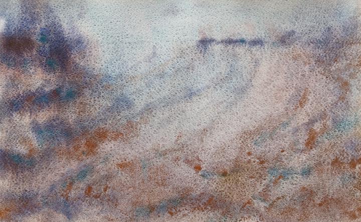 An abstract painting of a field in purples and oranges, with rows of crops running into the distance