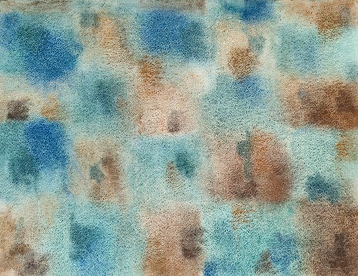 A loose watercolour of a tile pattern loosely depicting either a quilt or a checkerboard of houses and gardens