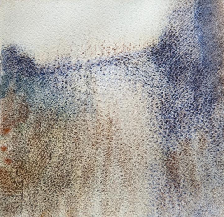 A loose watercolour of trees on opposite sides of a small river as it curves into the distance