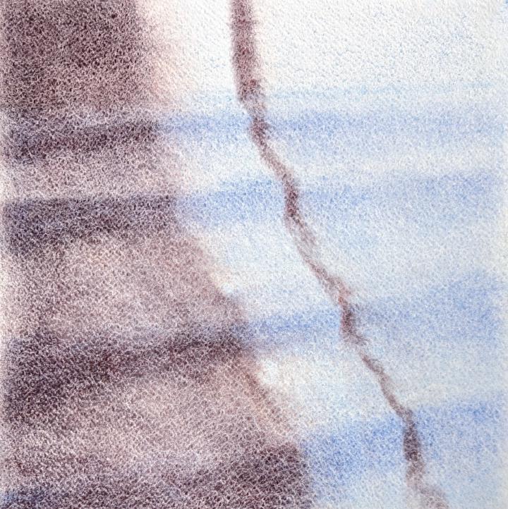 A loose watercolour of a maroon shadow falling over blue stairs