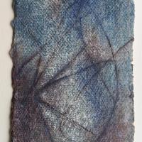 An abstract painting using line that's carved into the paper to resemble an egg shape, on a maroon and blue background