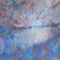 An abstract painting of a lake at sunset, glowing in an impressionist manner