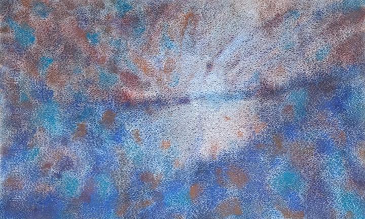 An abstract painting of a lake at sunset, glowing in an impressionist manner