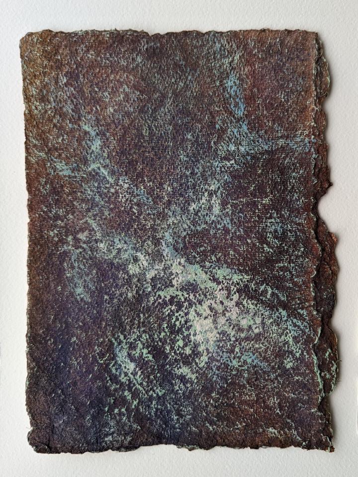 An abstract painting of a purple sky and drybrushed greenish, spindly clouds