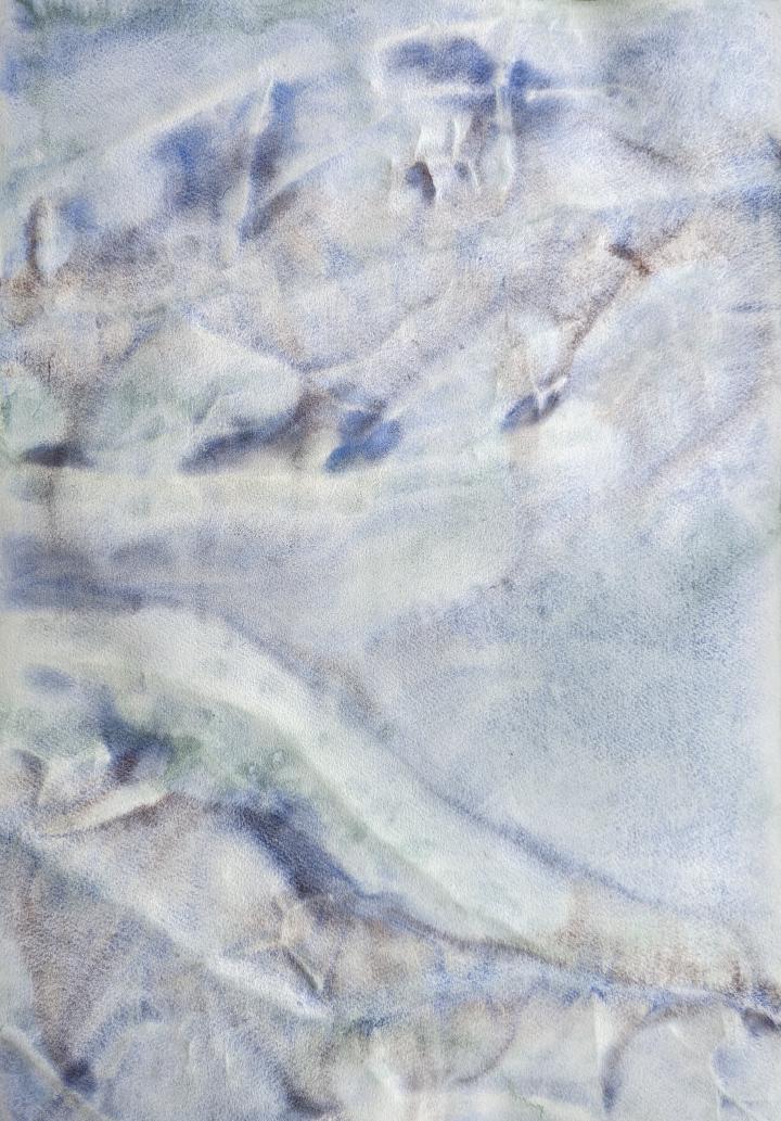 Watercolour frottage in the shape of tomato sepals, formed from dried tomato vines