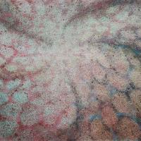 Watercolour using transparent pastel resist to form round shapes giving the impression of looking up into a 5 cornered tent, or into the petals of a petunia.