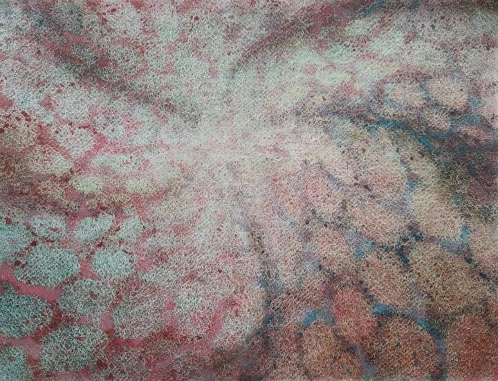 Watercolour using transparent pastel resist to form round shapes giving the impression of looking up into a 5 cornered tent, or into the petals of a petunia.