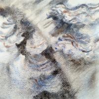 A loose watercolour of turkey tail mushrooms on a curved log