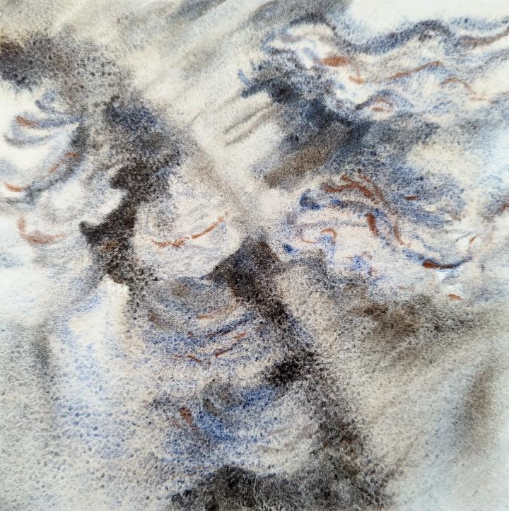A loose watercolour of turkey tail mushrooms on a curved log