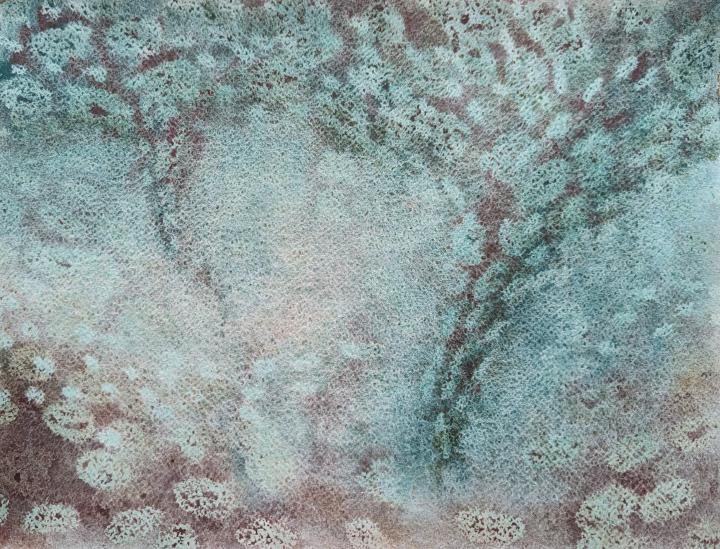 Watercolour using transparent pastel resist to form round shapes giving the impression of a pair of tornadoes, or an octopus