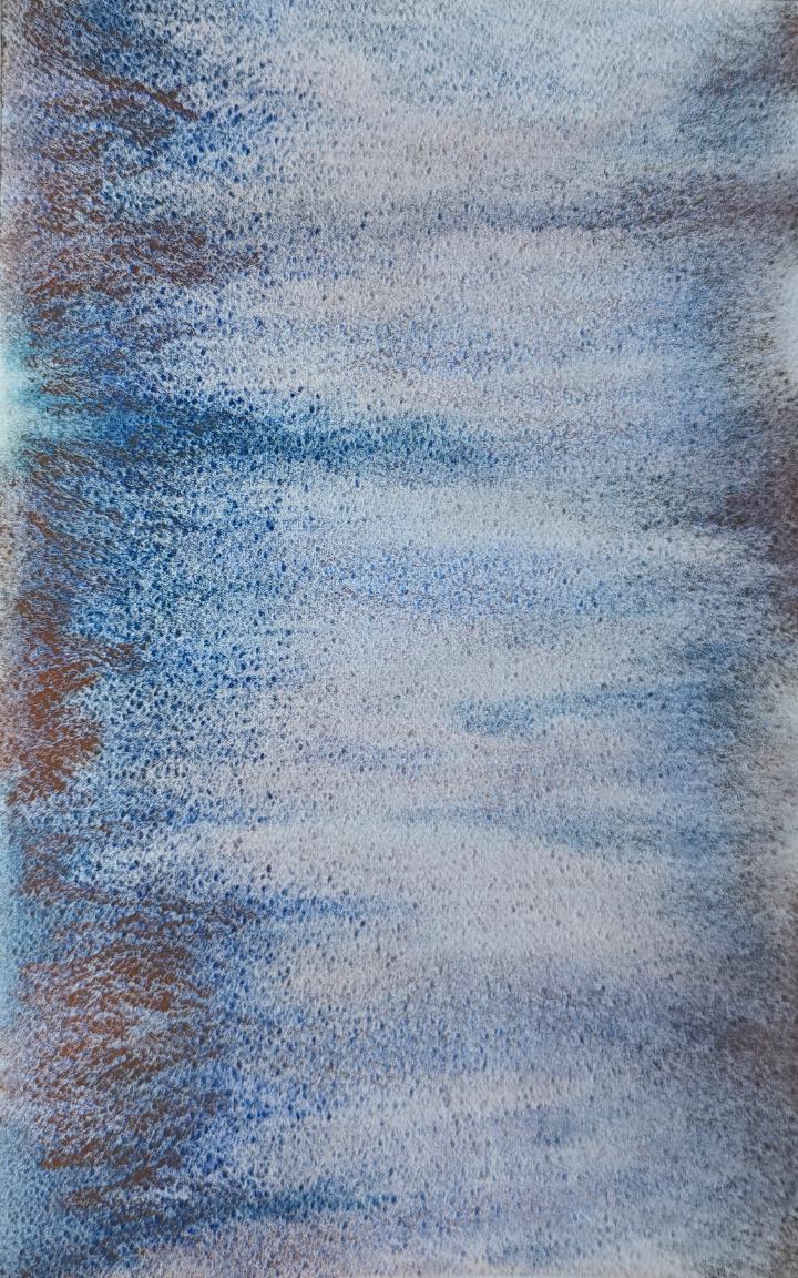 An abstract painting of blue and brown pigment running from the sides of the page towards the middle.