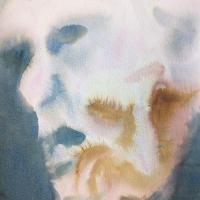 Double exposure image of a man's face looking startled to the left in teal and looking down thoughtfully in ochre