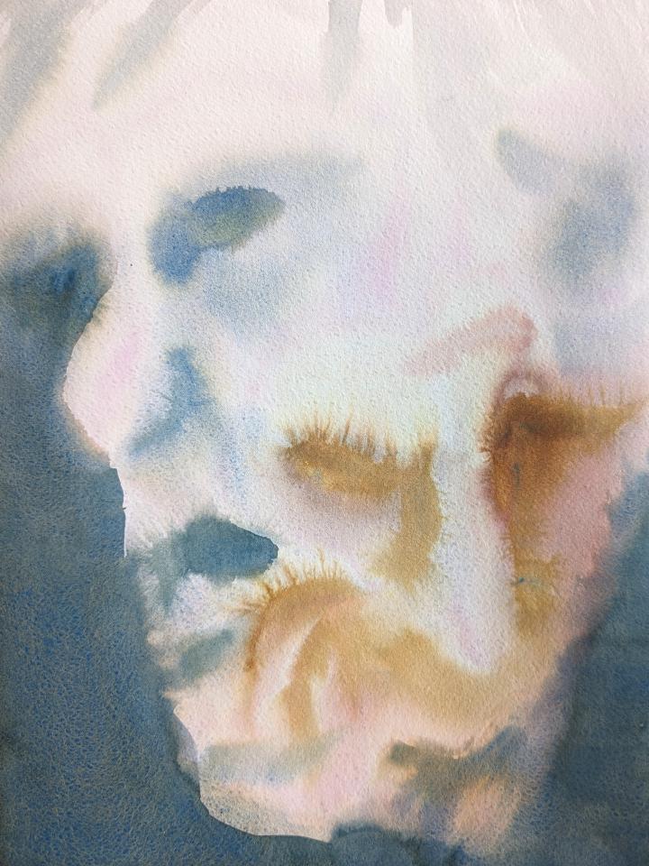 Double exposure image of a man's face looking startled to the left in teal and looking down thoughtfully in ochre