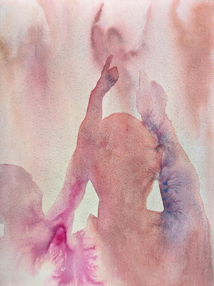 A loose watercolour of two figures pointing towards a vaguely suggested figure in the background