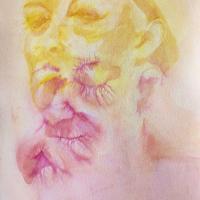 Double exposure image of a yellow woman's face looking up, and a pink version of the same face thinking.