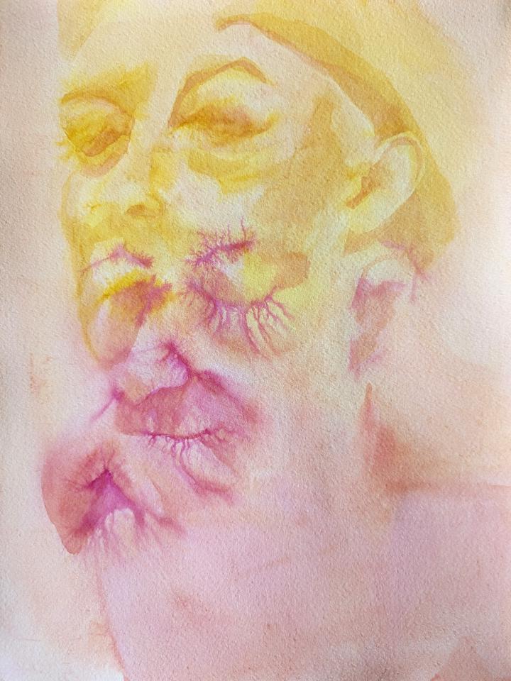 Double exposure image of a yellow woman's face looking up, and a pink version of the same face thinking.