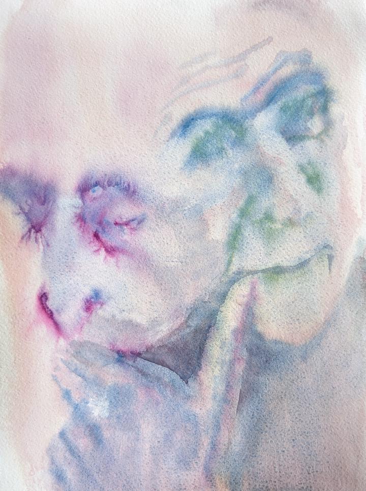 Double exposure image of a man's face looking up and to the right, and thoughtfully down and to the left