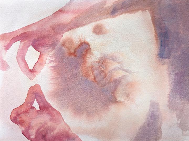 A loose watercolour of a woman with fingers pinched as if measuring something precisely