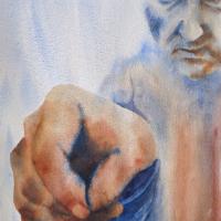 A loose watercolour of a man holding his hand as if writing