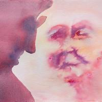 A loose watercolour of a woman talking to a man in silhouette