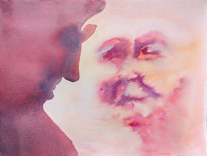 A loose watercolour of a woman talking to a man in silhouette