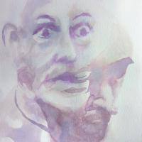 Double exposure image of a man's face wide eyed looking up and looking down and to the right, thoughtful.