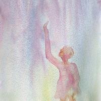 A loose watercolour of a girl hand raised against a flowing background that a figure can just be seen in