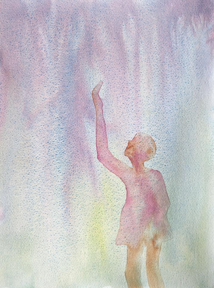 A loose watercolour of a girl hand raised against a flowing background that a figure can just be seen in