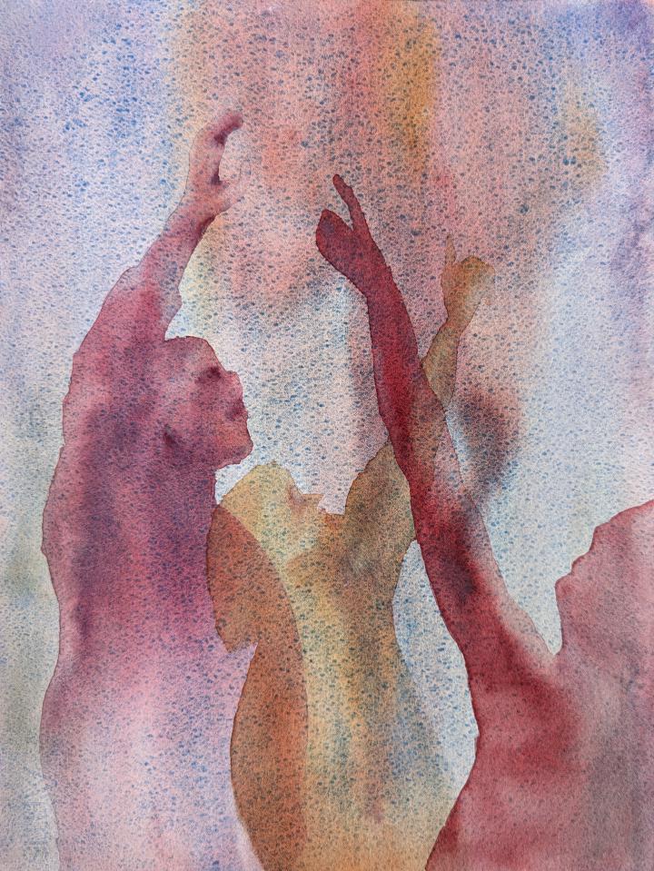 A loose watercolour of three figures pointing to the sky, with falling motion suggested in the background