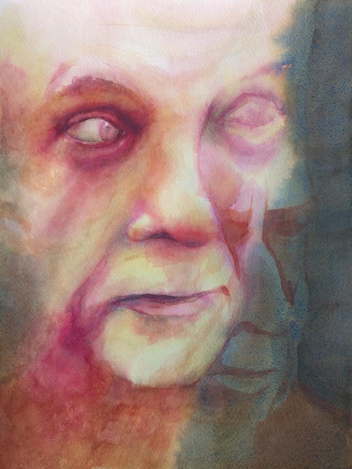 A loose watercolour of a man staring towards the right, and a second faint exposure of his face looking down