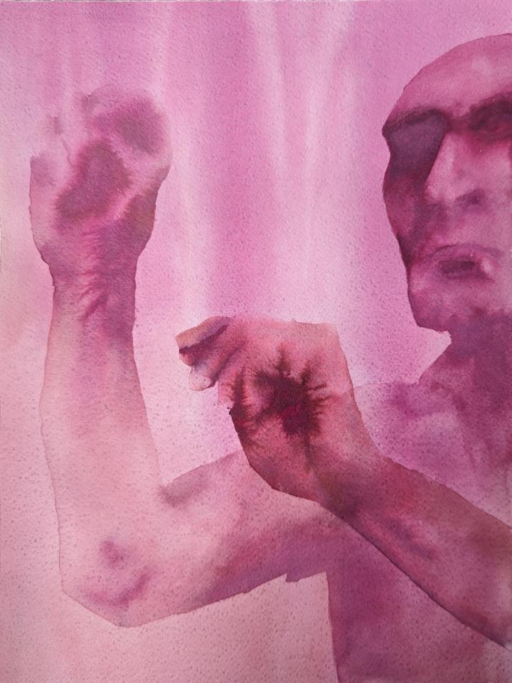 A loose watercolour of a man holding his hands as if pulling strings