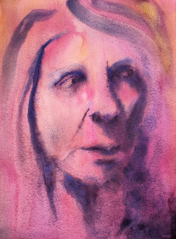loose watercolour portrait in shades of pink and purple of a woman's face looking to the right, with lighting coming from the left
