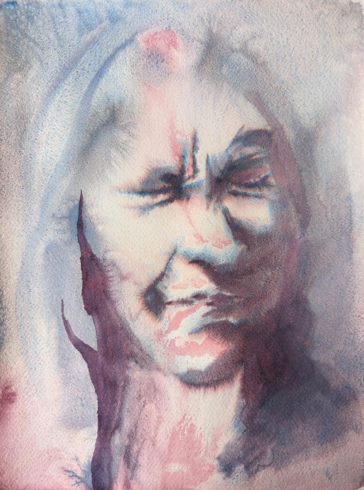 loose watercolour portrait in shades of blue and pink of a scrunched up, squinting face, with strong lighting coming from the left