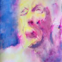 loose watercolour portrait in shades of yellow and purple of a face screaming, with strong lighting coming from the left