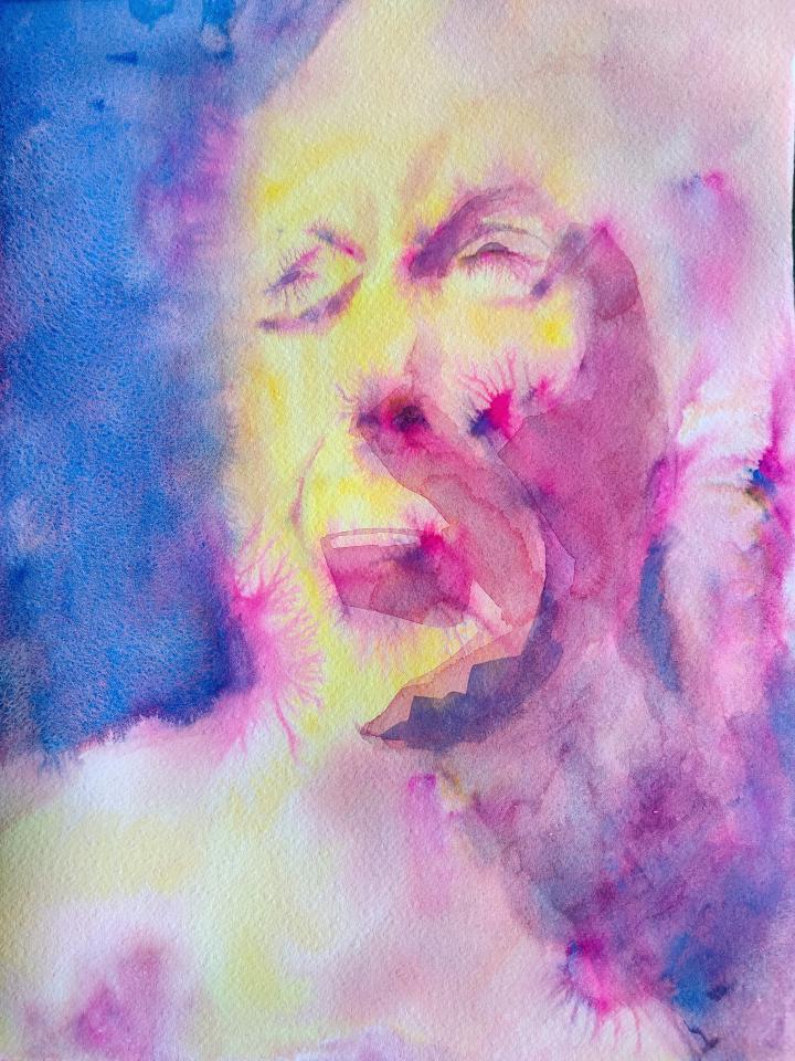 loose watercolour portrait in shades of yellow and purple of a face screaming, with strong lighting coming from the left