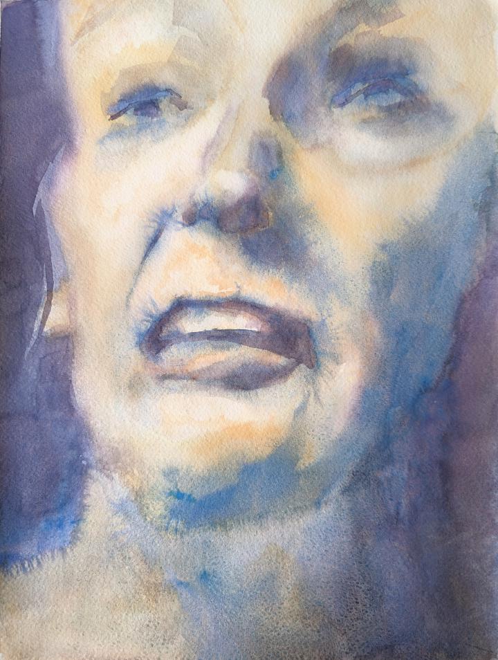 loose watercolour portrait in shades of blue and yellow of a man's face grimacing, with strong lighting coming from the left