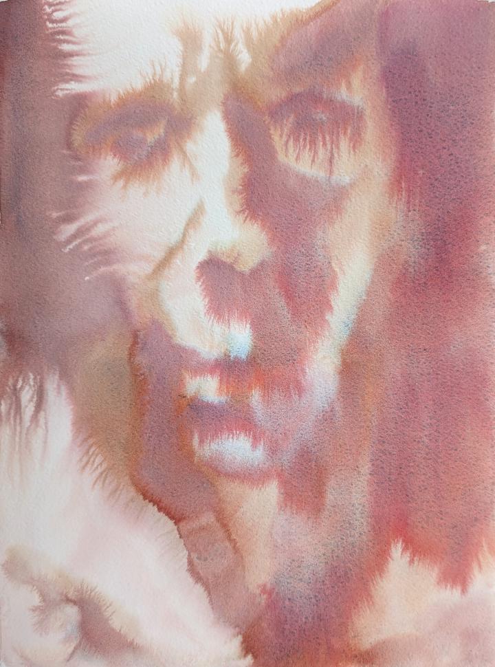 loose watercolour portrait in shades of orange of a long face, with lighting coming from the left, the watercolour bleeds define the form loosely, but the form of a face is clearly recognisable