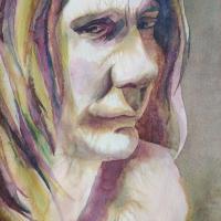 loose watercolour portrait in shades of green and purple of a woman's face looking sad, with strong lighting coming from the left