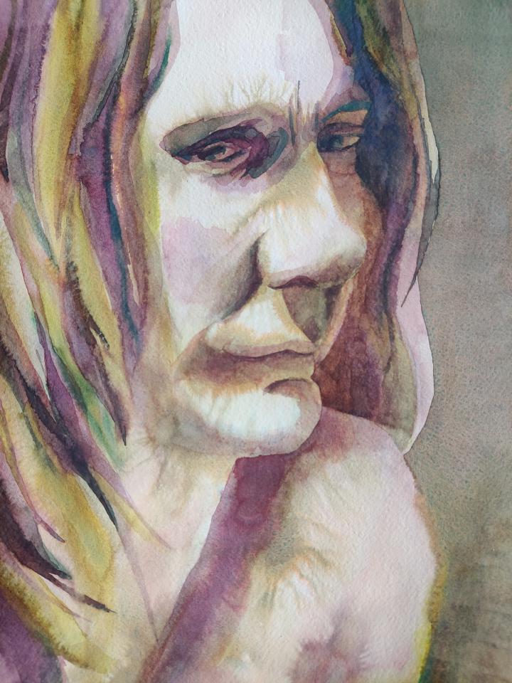 loose watercolour portrait in shades of green and purple of a woman's face looking sad, with strong lighting coming from the left