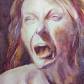 loose watercolour portrait in shades of purple and brown of a woman's face screaming, with strong lighting coming from the left