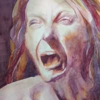 loose watercolour portrait in shades of purple and brown of a woman's face screaming, with strong lighting coming from the left