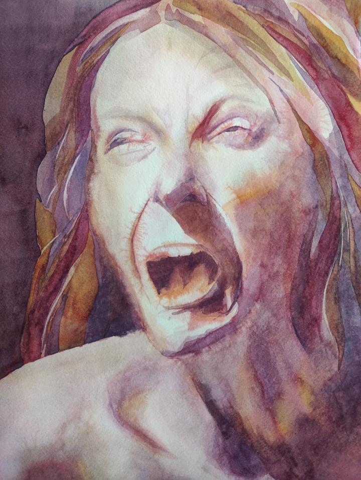 loose watercolour portrait in shades of purple and brown of a woman's face screaming, with strong lighting coming from the left