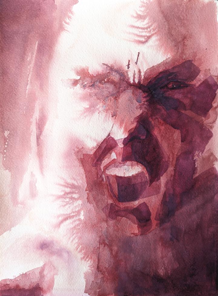 loose watercolour portrait in shades of red of a face very angry and screaming, with strong lighting coming from the left