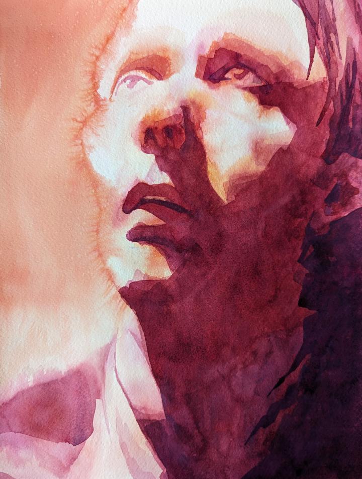 loose watercolour portrait in shades of pink and orange of a woman's face looking up, with strong lighting coming from the left