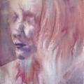 loose watercolour portrait in shades of pink of a woman's face looking to the left, abstract watercolour effects form the majority of the painting, especially the hair, and just a touch of detail defines the lips, chin and nose