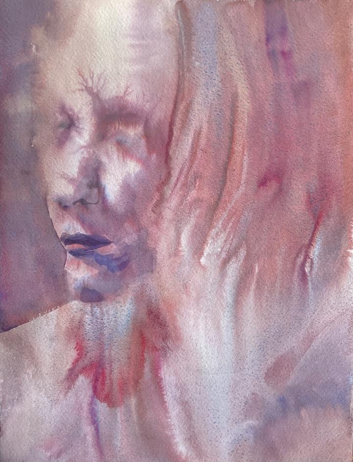 loose watercolour portrait in shades of pink of a woman's face looking to the left, abstract watercolour effects form the majority of the painting, especially the hair, and just a touch of detail defines the lips, chin and nose
